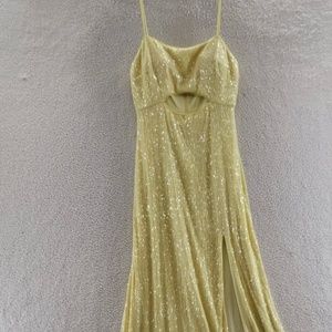 Aqua Cutout Waist Sequin Column Gown Women's 8 Yellow Solid Sleeveless Back Zip